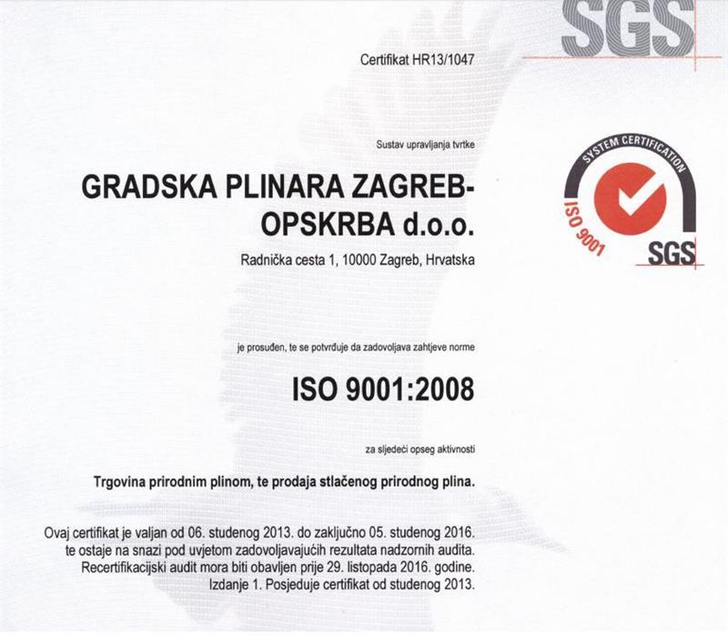 Gradska plinara Zagreb – Opskrba implementirala ISO 9001:2008 